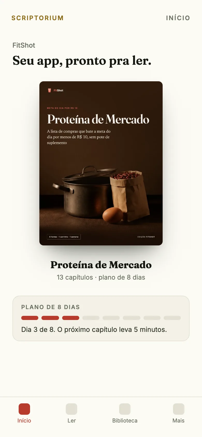 Capa do app: o ebook Proteína de Mercado aberto na tela Início, com o plano de 8 dias